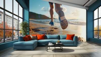 woman running on beach in morning sunrise Wall mural