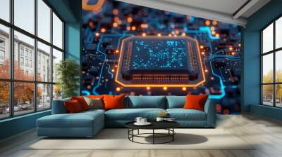 Close-up CPU, microchip processor on a circuit board, symbolizing the technological ,futuristic ai intelligent network engineering core data circuit, blue and orange neon lights Wall mural