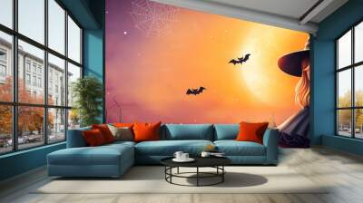 Halloween Festival : Cute witch ,witch hat,witch's wand,witch castle, orange moon ,maple leaf ,spider web , grave with copy space on gradient pink and purple background. Wall mural