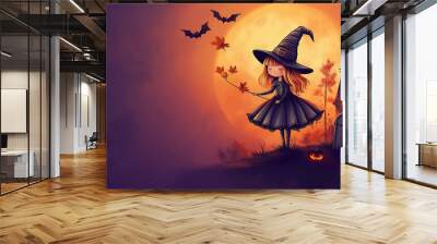 Halloween greeting card, Cute witch flying on a broom whose silhouette is seen against the light of the orange big full moon ,witch hat, witch castle, maple leaf , grave with copy space on gradient pu Wall mural