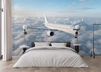 Wide angle shot of a passenger plane flying above the clouds and a clear sky, shot in high resolution ,soft style. Wall mural