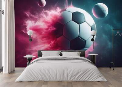 soccer ball in the sky of night in universe and 2 moon at sky Wall mural