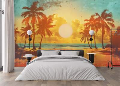 A sunset on a retro-themed tropical island, palm trees bathed in the warm glow of the setting sun. Wall mural