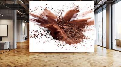 Burst of cocoa powder mixed with a hint of colored powder, creating a visually striking and dynamic scene. The explosion is set against a white background to emphasize the colors. Wall mural