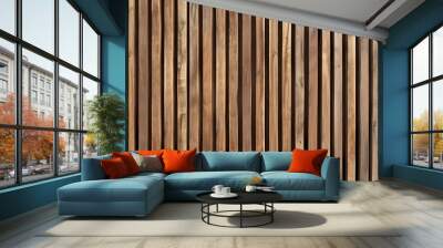 Detailed seamless design of vertical wooden slats for wall paneling, using raw natural brown wood lath to achieve a modern and stylish texture. Wall mural