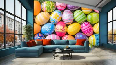 Happy Easter with colorful eggs at paintbrush for do it yourself on the grass with close up from top view Wall mural