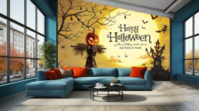 Vector illustration of Halloween pumpkin scarecrow on a wide field and Castle spooky with the full moon on a scary night Wall mural