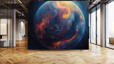 purple and blue space with a planet, Abstract particle sphere, science background. Wall mural