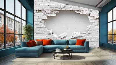 The white brick wall cracked with a large hole in the middle Wall mural