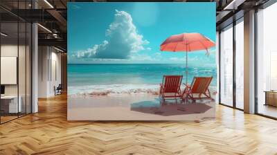 Two deck chairs under a pink umbrella on a bright blue beach Wall mural