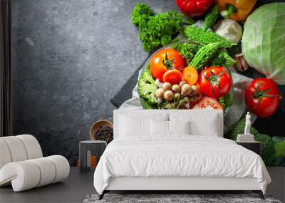 Various fresh vegetables organic food for healthy on dark rustic background with copy space for your text. Wall mural