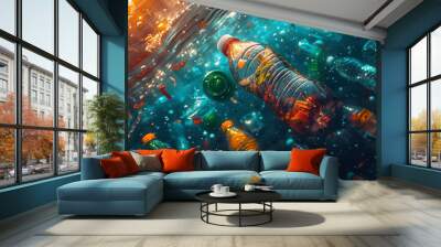 A vibrantly colored fish swims through a miniature underwater world in a home aquarium Wall mural