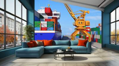 Loading containers on the ship in the seaport. 3d illustration Wall mural