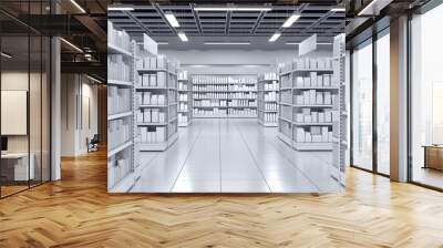 Supermarket interior mockup with aisle between shelving of blank goods. 3d illustration Wall mural