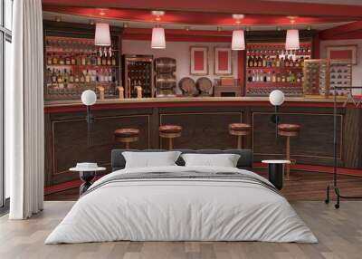 The interior of the bar, rack and chairs, cabinets with bottles and barrels. 3d illustration Wall mural