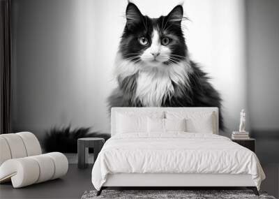 a cat sitting on the floor looking at the camera in a black and white photo Wall mural