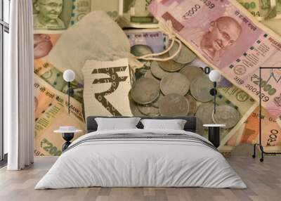 A closeup selective focus of an Indian digital currency with currency notes and Coins Wall mural