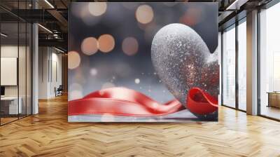 a heart shaped stone next to red ribbon and sparkling lights Wall mural