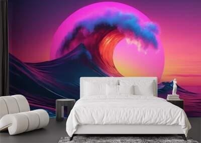 a sunset on the water with an ocean wave coming up Wall mural