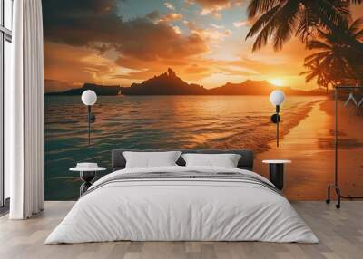 a sunset over the ocean with a boat on it and palm trees on either side Wall mural