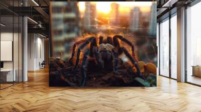 A tarantula in a terrarium on a windowsill, in the background we see a city Wall mural