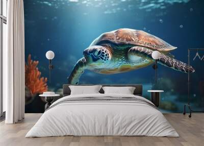 a turtle swimming in an aquarium full of reef life and corals Wall mural