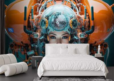 a woman with an orange helmet and some metal equipment on her head Wall mural