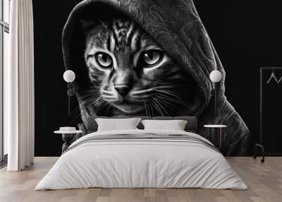 Abstract illustration of a black and white cat wearing a hooded sweatshirt Wall mural