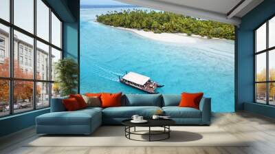 Aerial shot of a boat by One Foot Island, Aitutaki. Wall mural