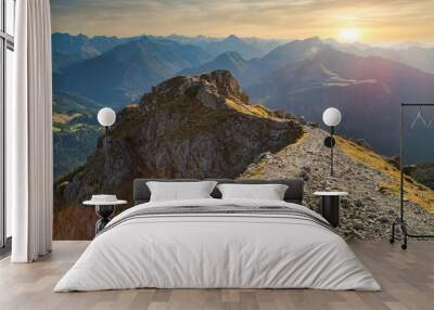 Aerial view of a beautiful landscape filled with mountains and valleys Wall mural