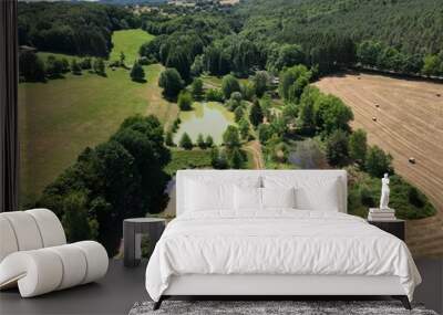 Aerial view of small lakes in lush green rural area with brown fields Wall mural