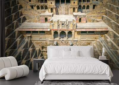 Aerial view of the ancient Chand Baori stepwell in Rajasthan, India Wall mural