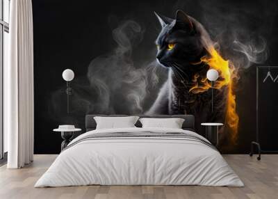 AI generated illustration of a black cat in a flame surrounded with smoke Wall mural