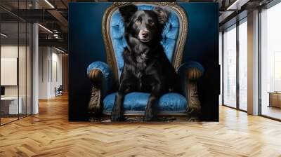 AI generated illustration of a black dog sitting on a blue throne on a blue background Wall mural