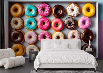 AI generated illustration of a box of assorted sprinkle-covered doughnuts Wall mural