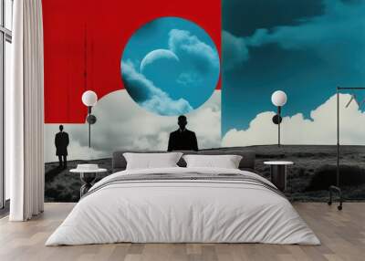 AI-generated illustration of a collage with two people standing against a blue and red sky Wall mural