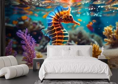 AI generated illustration of a Colorful sea horse swimming among vibrant aquatic plants Wall mural