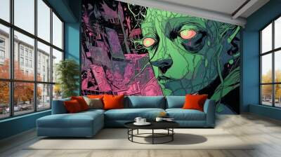 AI generated illustration of a comic book cover, with a character with glowing eyes and green skin Wall mural