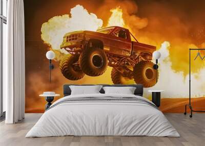 AI generated illustration of a Damaged Monster Truck jumping from an arena Wall mural