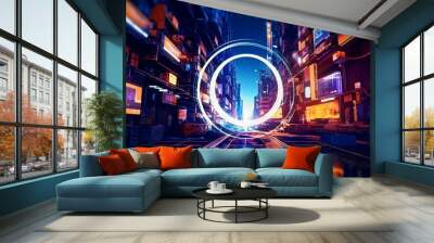 AI generated illustration of a digital loop with a futuristic cityscape and tall buildings at night Wall mural