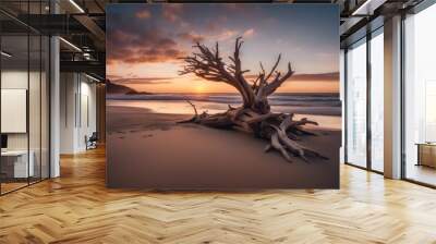 AI generated illustration of a driftwood at sunset Wall mural