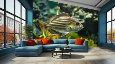 AI-generated illustration of A fish swimming in a tank with algae Wall mural