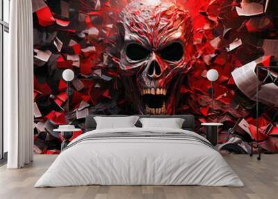 AI-generated illustration of A large skull surrounded by red papers and objects Wall mural