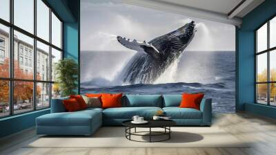 AI generated illustration of a magnificent humpback whale captured in mid-air Wall mural