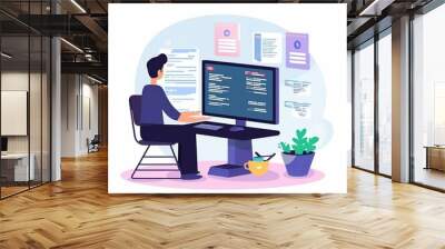 AI generated illustration of A male professional working on a computer, focused on programming code Wall mural