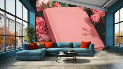 AI generated illustration of a pink book on a beautiful pink bouquet of roses Wall mural