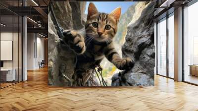 AI generated illustration of a playful, adventurous kitten climbing on a cliff Wall mural