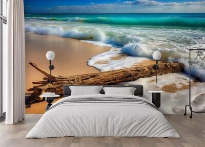 AI generated illustration of A sandy beach with a large, driftwood tree laying on the shore Wall mural