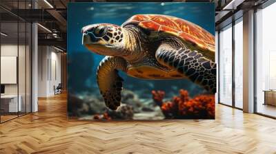 AI generated illustration of A sea turtle swimming through a vibrant underwater Wall mural