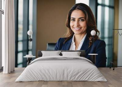 AI generated illustration of a smiling woman in a suit in an office Wall mural